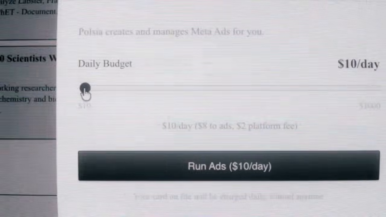 Meta 광고 자동 집행 UI — $10/day 중 $8은 광고비, $2는 플랫폼 수수료