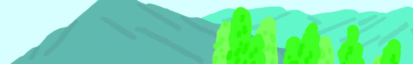 Lesson 7 'Greener, Greater' 단원 도입부 배경 일러스트 — 산과 초록 나무의 자연 풍경으로, 단원의 환경 주제를 시각적으로 제시한다