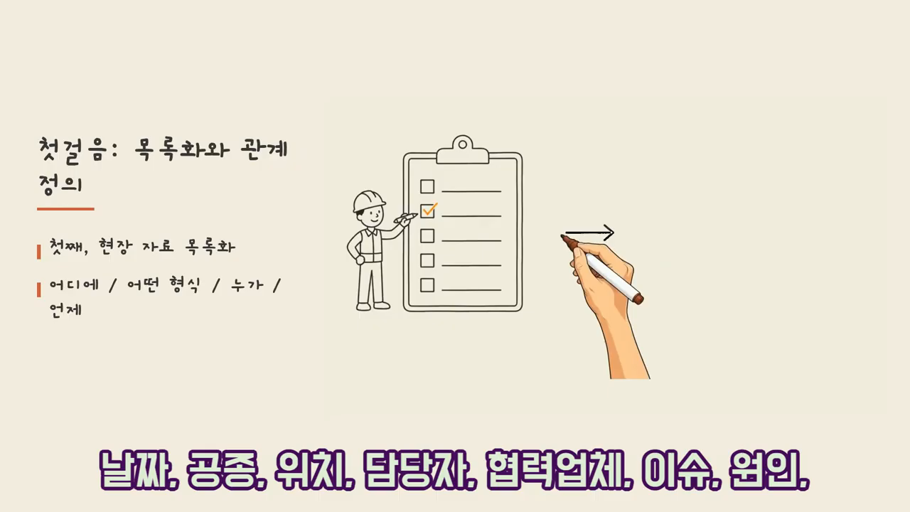"첫걸음: 목록화와 관계 정의" — 1단계 현장 자료 목록화(어디에/어떤 형식/누가/언제)와 2단계 관계 정의를 보여주는 슬라이드